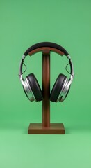 A pair of modern over-ear headphones displayed on a wooden stand against a vibrant green background, emphasizing audio technology and music accessories