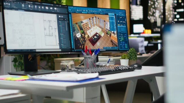 Modern architecture workspace featuring dual monitors with 3D rendering software and floor plan layouts on screen. Interior design, drafting and engineering focused on creativity and innovation.