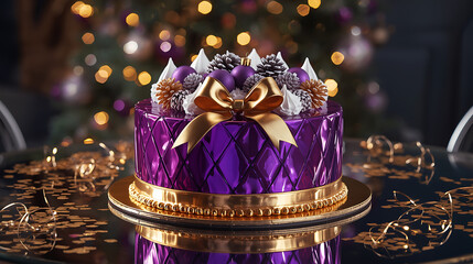 festive purple and gold holiday cake with ornaments and ribbon in Christmas setting