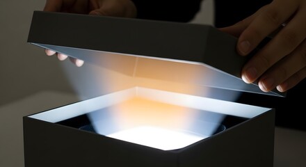 A person opening a sleek, modern box with glowing interior light, possibly revealing a new electronic device or innovative product for presentation or unboxing purposes