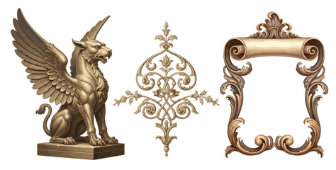Set of ornate baroque elements featuring a winged griffin statue, scroll flourishes, decorative frames, and vintage banner. © bow