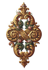 Ornate baroque floral ornament with gold scrolls, green acanthus leaves, and delicate roses forming an elegant symmetrical design.