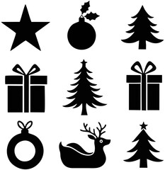 Set of Christmas Icons in Black Silhouette Style