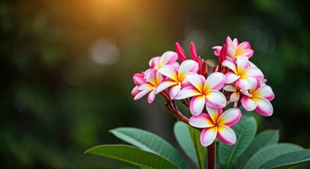 A cluster of white and pink tropical flowers with yellow centers, lush green backdrop