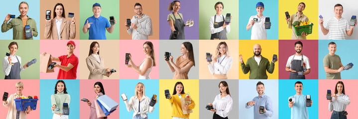 Set of cashiers with payment terminals on color background