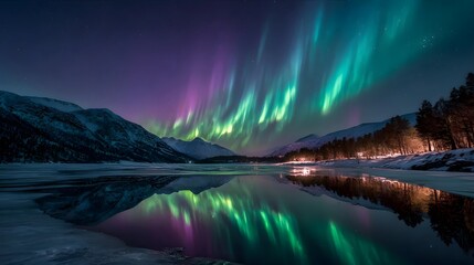 Northern lights shimmering over a tranquil lake, with snow-capped mountains in the background.