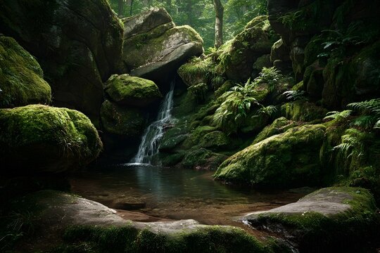 Waterfall cascading over moss-covered rocks into a tranquil pool in a lush forest.