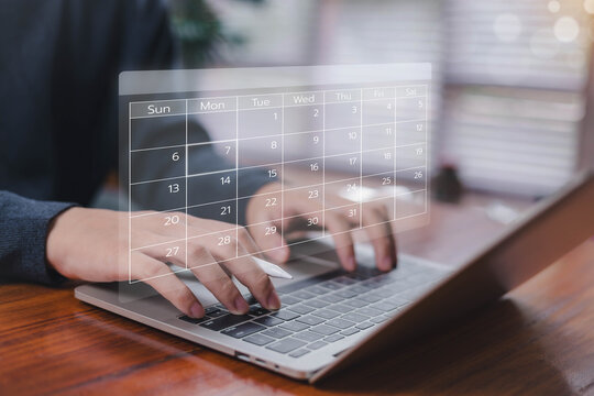 Person typing on a laptop with a digital calendar interface, representing scheduling, time management, online planning, productivity tools, appointment organization, and efficient workflow in modern. - Powered by Adobe
