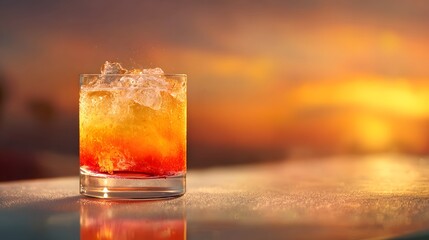 Refreshing tropical cocktail with ice glowing beautifully under a vibrant sunset sky