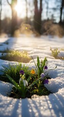 Early spring flowers blooming through the snow in a forest setting with sunlight filtering through trees in the background