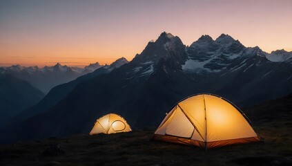 Two orange tents pitched at a mountain campsite at dusk.