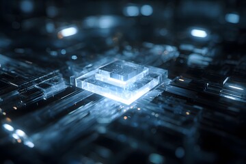 Glowing microchip embedded in a circuit board in a futuristic, high-tech setting.