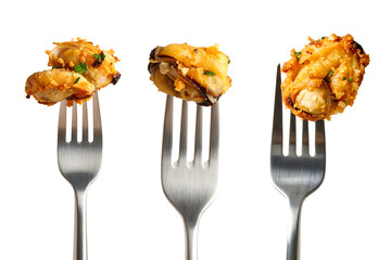 Delicious deep fried clams on forks, showcasing a crispy texture and savory flavor for seafood lovers