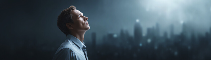 Hopeful young businessman looking up toward divine light. Analyzing future with inspiration against dark, futuristic city background