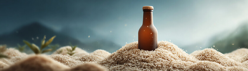 Solitary refreshing beer bottle on sand hill, cool drink in an epic scenic nature landscape. Perfect beverage for long journey