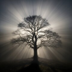 A solitary tree stands on a hill with sun rays radiating outward behind it, creating a dramatic silhouette and a sense of tranquility and natural beauty
