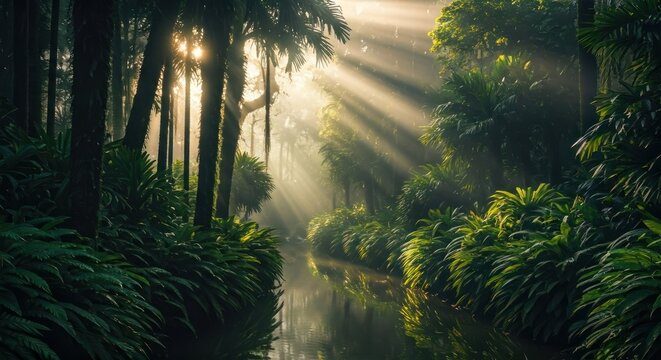 Sunlit forest scene with water, dense foliage, & atmospheric beams of light piercing mist - Powered by Adobe