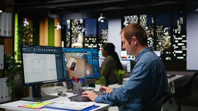 Diverse engineering team designing a floor plan on dual monitors, using computer for interior design customization and rendering. Young colleagues use rendering and remodeling. Camera A.