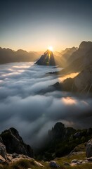 A breathtaking sunrise over a mountain range with clouds filling the valley and sunlight casting a golden glow on the peaks, creating a serene and majestic landscape scene