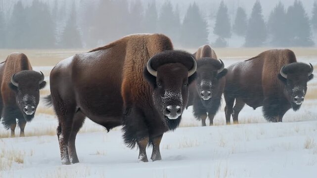 A herd of majestic American bison standing in a snow-covered field with trees in the distant background on a cold winter day.