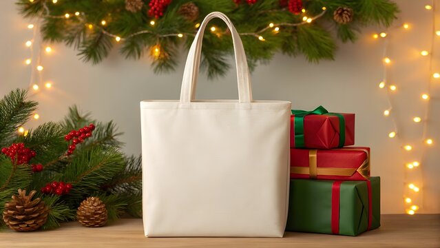 Blank canvas tote bag mockup in a festive Christmas scene, surrounded by sparkling holiday lights, green pine garlands, and vibrant gift boxes, ideal for seasonal branding and promotion