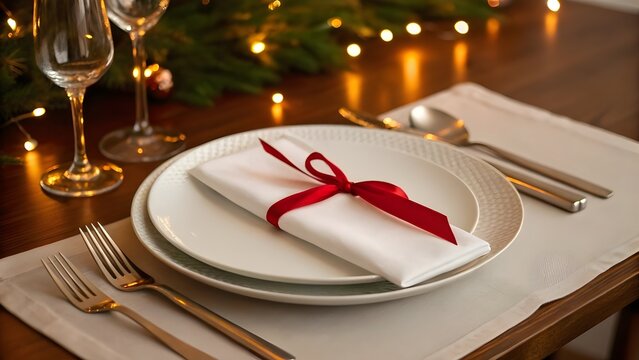Elegant Christmas dinner table setting with a white napkin tied with a red ribbon, ready for a festive holiday celebration at home - Powered by Adobe