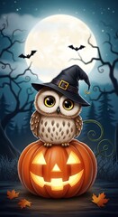 Halloween Owl on Pumpkin - Spooky Night Illustration.