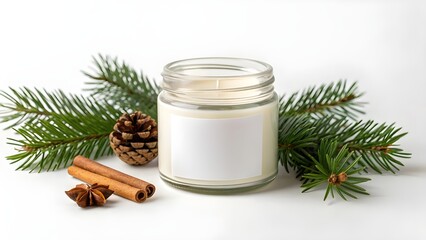 A cozy Christmas scented candle surrounded by festive pine branches, cinnamon sticks, star anise, and a pinecone, evoking winter holiday cheer and warmth