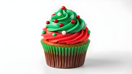 A festive Christmas cupcake adorned with red and green frosting and sprinkles, perfect for holiday celebrations and sweet treats