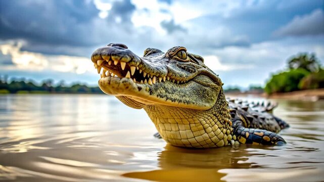 Close up of a caiman in the water with its mouth open.