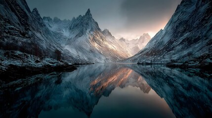 Jagged snow-capped mountains mirrored in a still fjord at dawn.