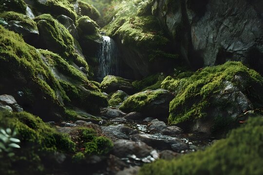 A moss-covered rocky stream flows gently through a shaded forest ravine.