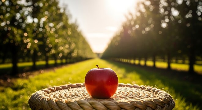 Single Red Apple on Woven Surface in Lush Orchard at Golden Hour.