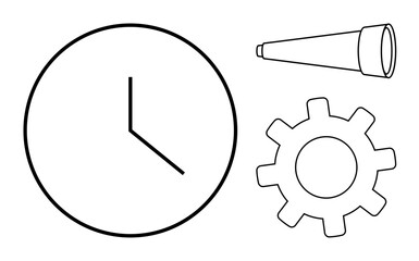 Clock represents time, telescope symbolizes vision, and gear depicts progress or work. Ideal for planning, future, innovation, productivity, efficiency strategy teamwork. A simple flat metaphor