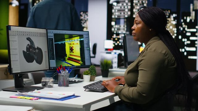Game developer creates Mars based virtual station using AI tools. Futuristic program processing data with machine learning and automation to optimize game design and development. Camera B.