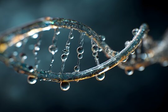 DNA double helix with suspended, glistening water droplets in a dark, macro background.