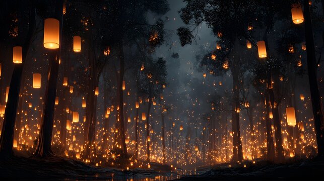 Glowing lanterns float and illuminate a misty nighttime forest.
