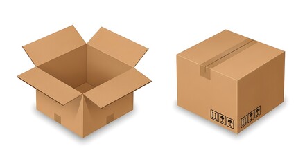Isometric Cardboard Boxes - Open and Closed for Packaging and Delivery.
