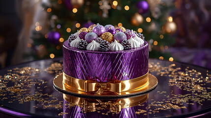 festive purple and gold holiday cake with ornaments and ribbon in Christmas setting