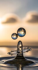Close-up of water droplets creating ripples and reflections on the surface during a sunset with a blurred sky background