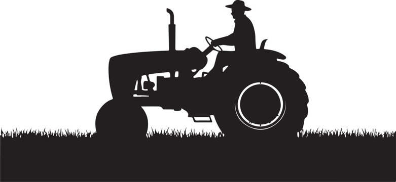 Silhouette of a farmer driving a tractor through grass black and white