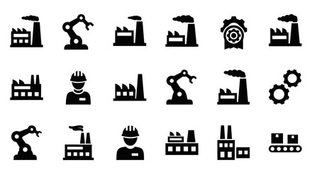 Fototapeta premium A collection of black and white vector icons representing manufacturing, factories, automation, engineering, and industrial processes.