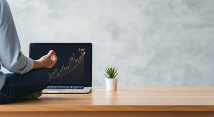calm trader meditating beside laptop showing gold chart rise, minimal concept
