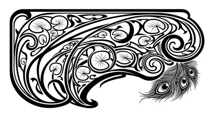 Art Nouveau decorative element with peacock feather and water lilies.