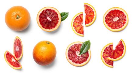 Set of tasty blood orange on white background, top view