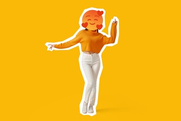 Woman with happy emoji instead of head on yellow background