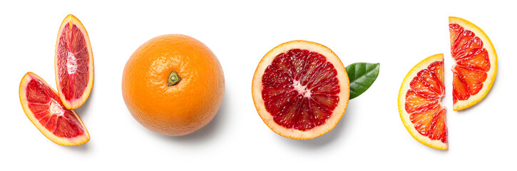 Set of tasty blood orange on white background, top view