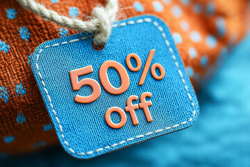Blue stitched tag with 50 percent off text. Retail discount, sale promotion, online shopping marketing. Black Friday, Cyber Monday, price reduction. E-commerce advertising concept with modern texture.