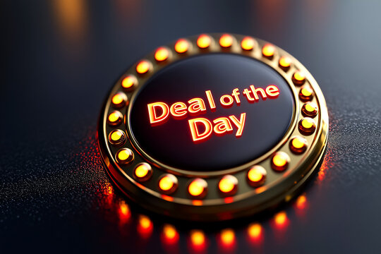 Glowing circular Deal of the Day button with neon lights on dark background. Daily promotion, limited-time offer, online retail sale, Black Friday, Cyber Monday, e-commerce, seasonal marketing design. - Powered by Adobe