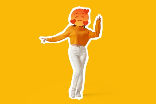 Woman with happy emoji instead of head on yellow background